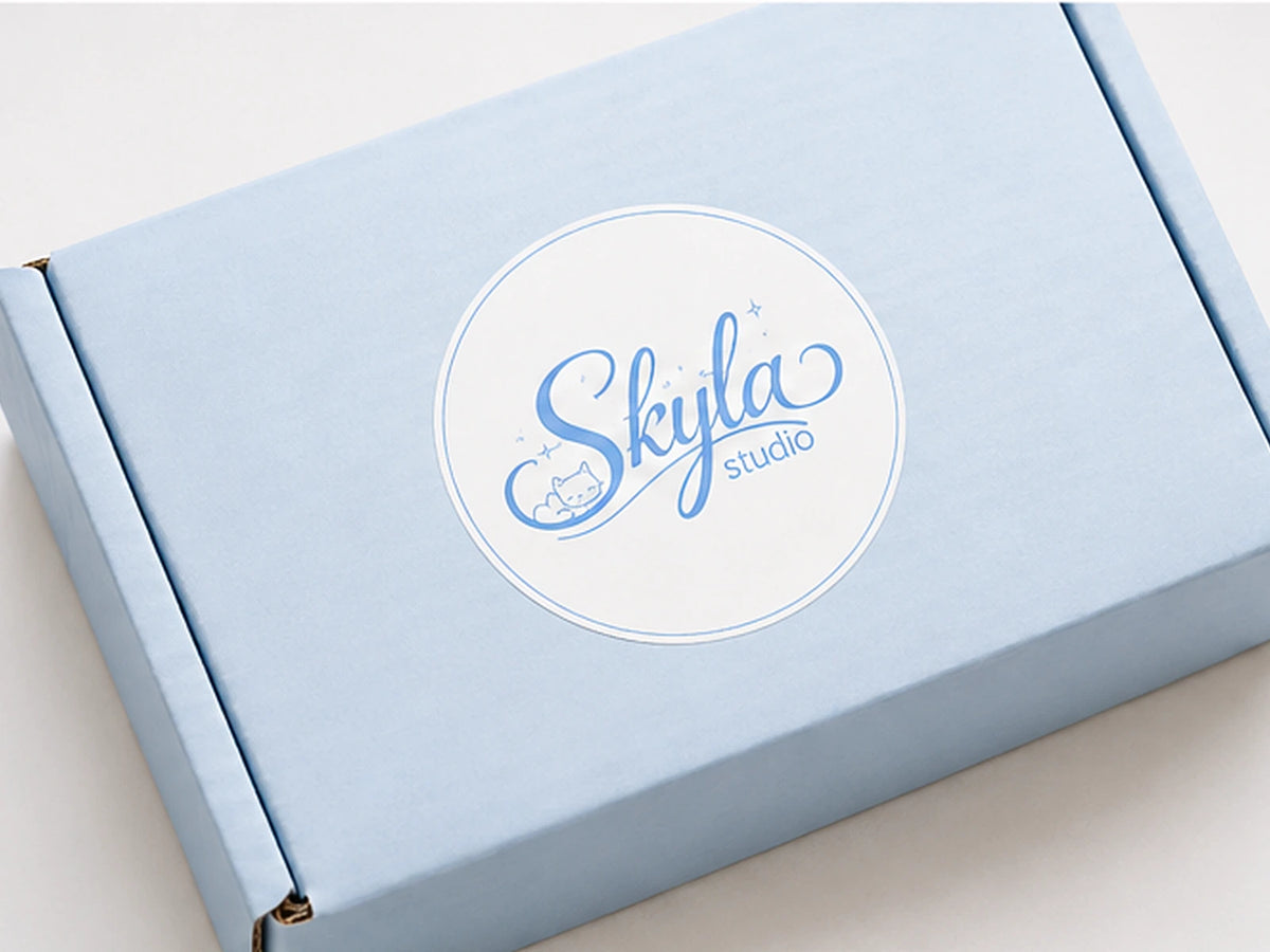Skyla Studio baby blue mailer box with round logo sticker for cute gift packaging